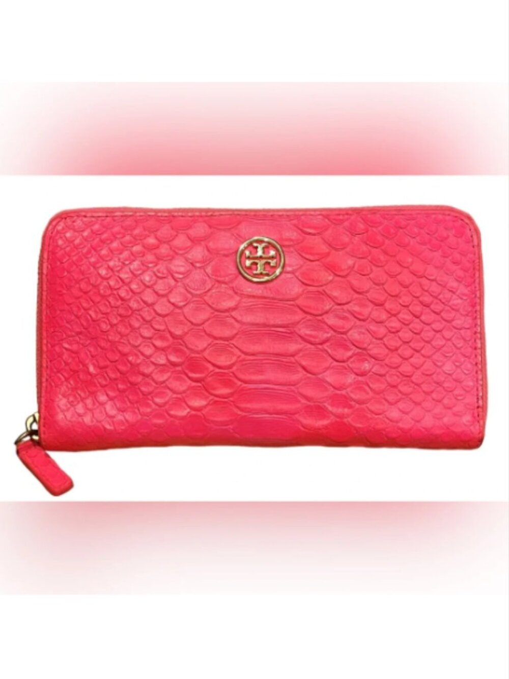 Tory Burch Wallet Continental Croc Hot Pink Embossed Leather Gold